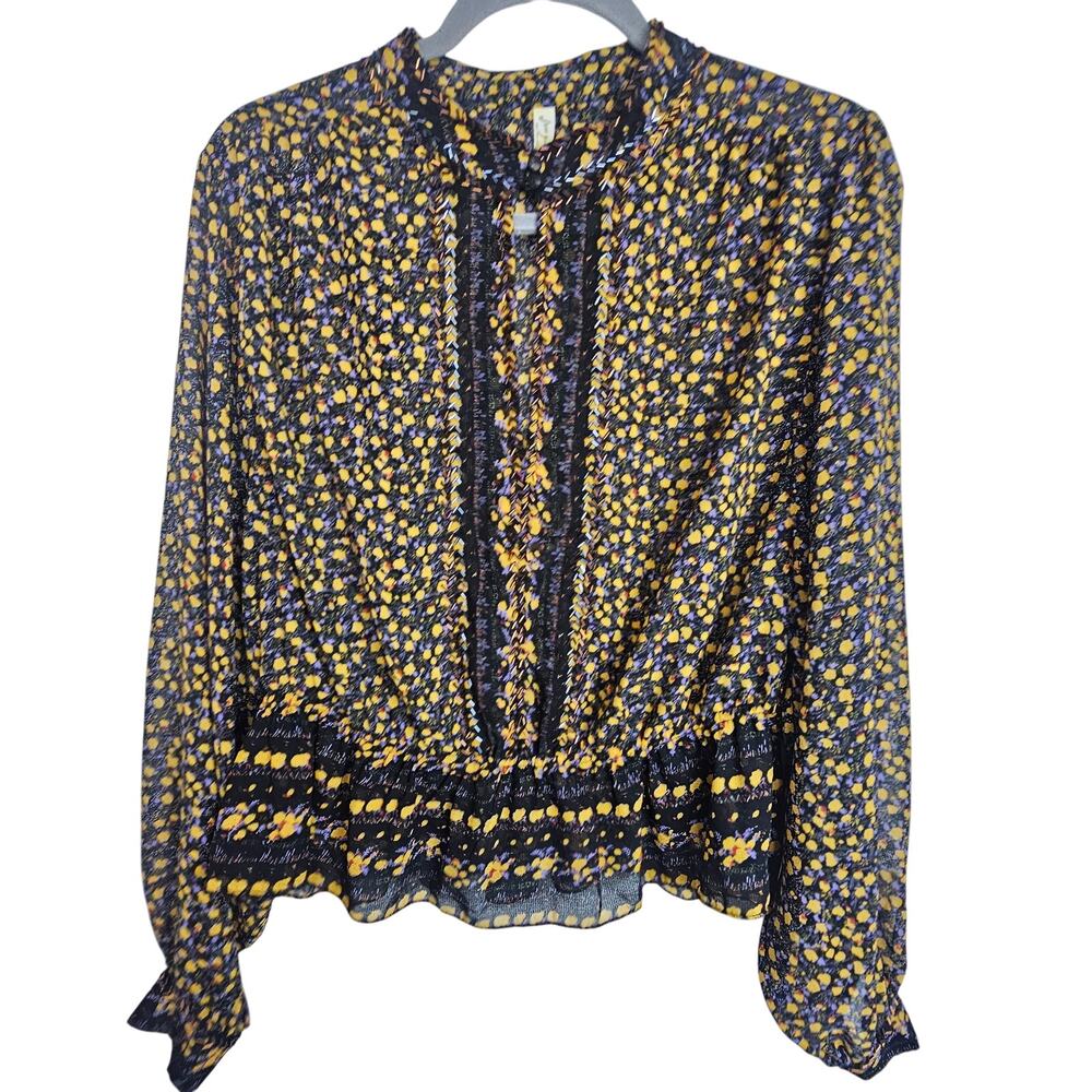 Free People If I Had You Floral Beaded Top Size M Embellished Boho Cottagecore - Picture 2 of 10